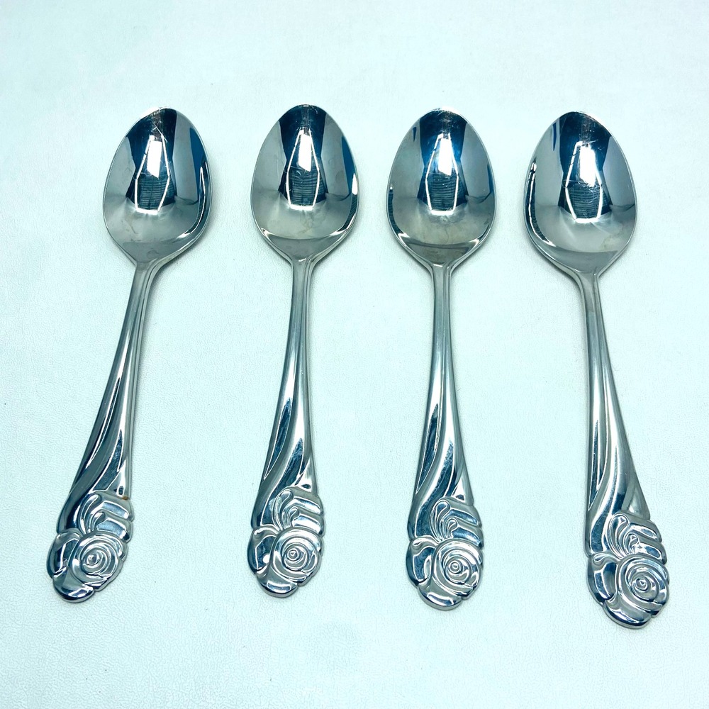 (4) Yamazaki Japan Ribbon Rose Stainless Glossy Teaspoon Lot 6 3/8"‎